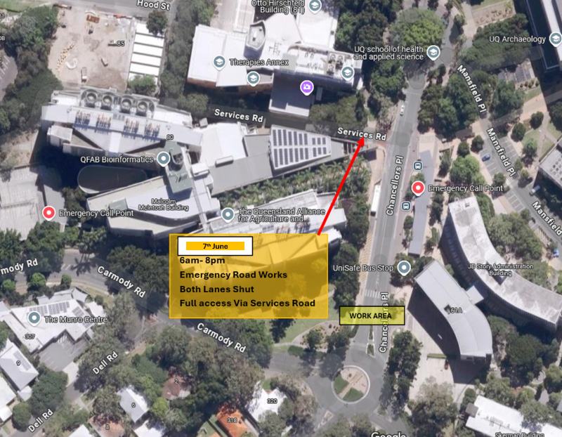 An aerial view of a university campus with several buildings and roads. A yellow highlighted area indicates emergency road works on 7th June from 6am to 8pm, with both lanes shut and full access via Services Road.