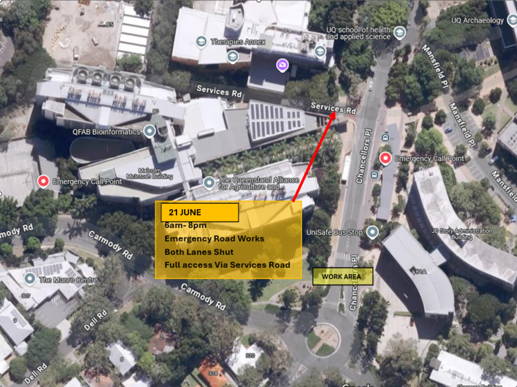 An aerial view of a university campus with several buildings and roads. A yellow highlighted area indicates emergency road works on 21 June from 6am to 8pm, with both lanes shut and full access via Services Road.
