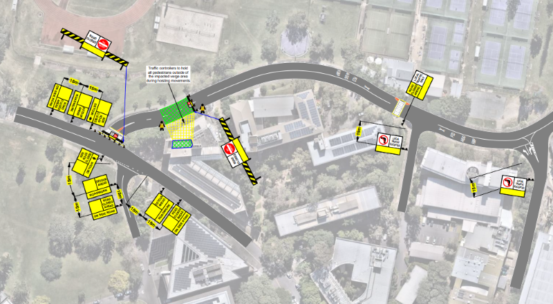 A map showing the road closure and affected area, starting from the intersection of Campbell Road and Blair Drive, extending past the General Purpose North building.