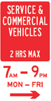 Traffic sign showing text loading zone, service and commercial vehicles only, 2 hours max, 7am to 6pm Monday to Friday, all other valid permits allowed at other times